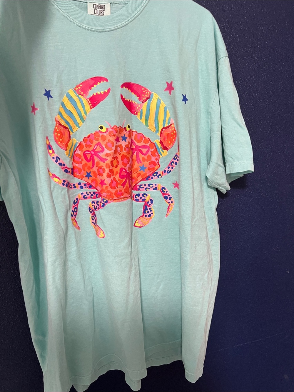Comfort Colors Aqua Short Sleeve Tee with Neon Pink & Yellow Crab Graphic